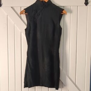 Black Silk Cheongsam-Inspired Mini Dress